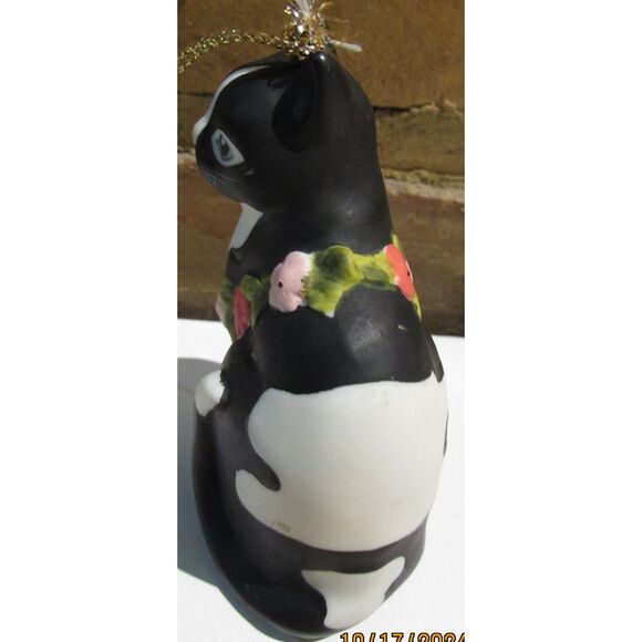 VINTAGE SILVESTRI KITTY CAT 1986 MARY LAKE THOMPSON FLOWERS FLORAL GARLAND BLACK - Picture 2 of 6